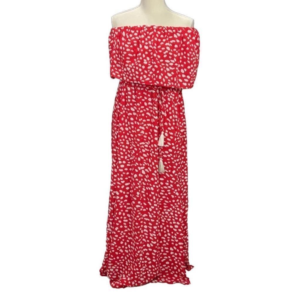 Annebouti Red White Polka Dot Maxi Dress Off the Shoulder Front Slits Sz L NWT